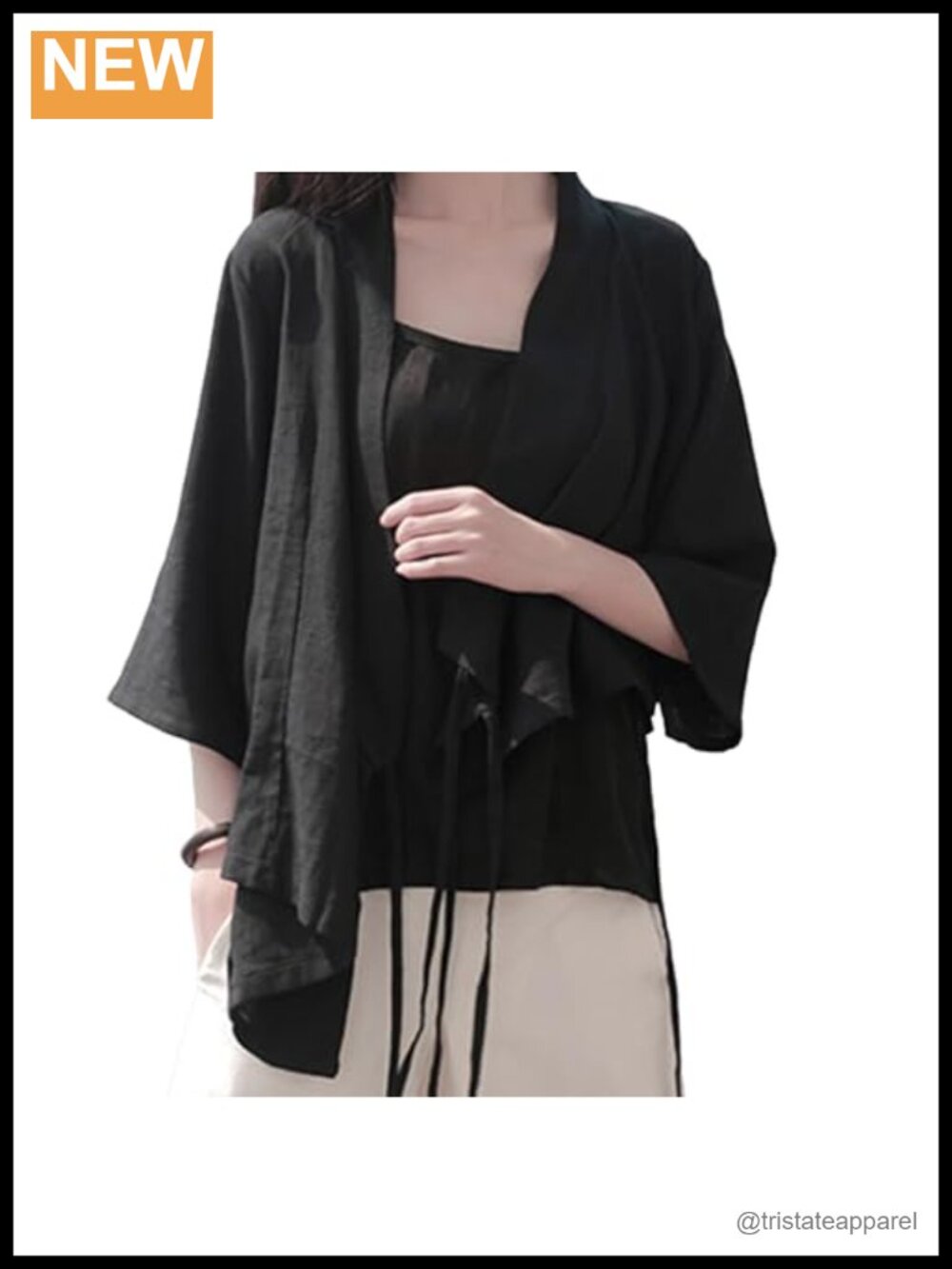 Women's Linen Wrap V-Neck Blouse 3/4 Sleeve Side Ties